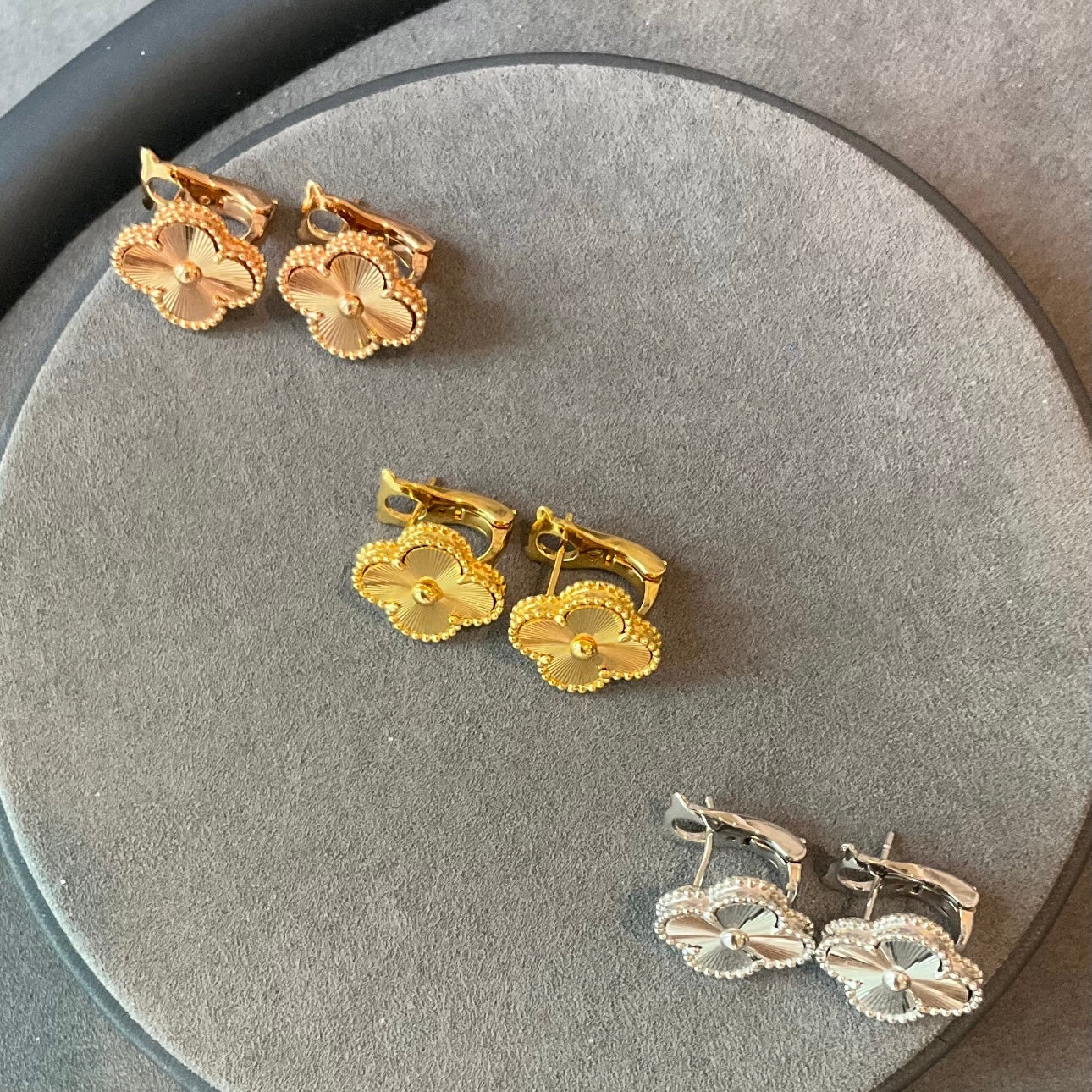 Guillioche 15mm clover earrings 925 silver 18k gold plated