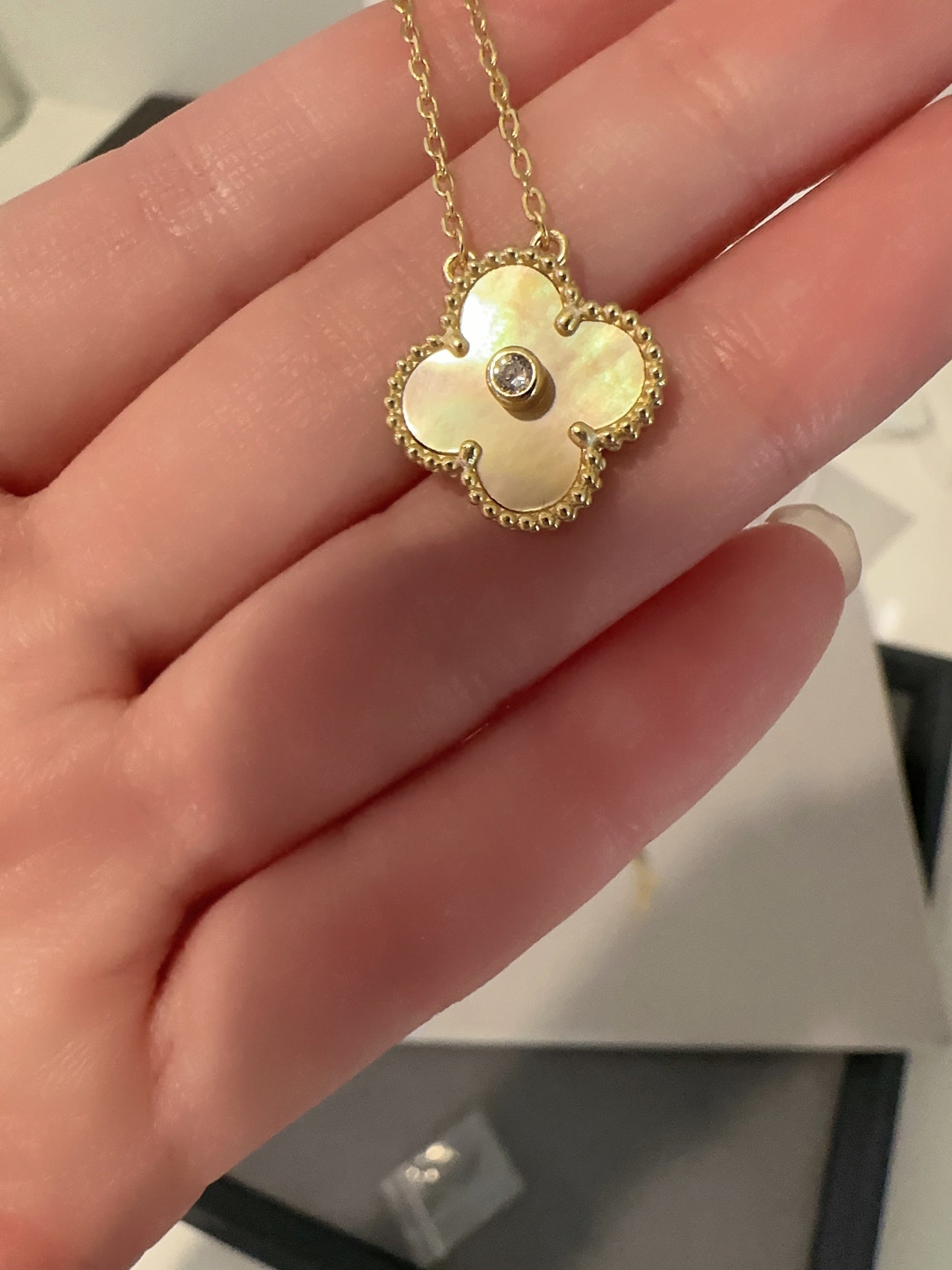 15mm Clover Necklace, Gold Plated, 925 Sterling Silver, Mother of Pearl, Onyx, Handcrafted Gift for Her - ParadiseKissCo