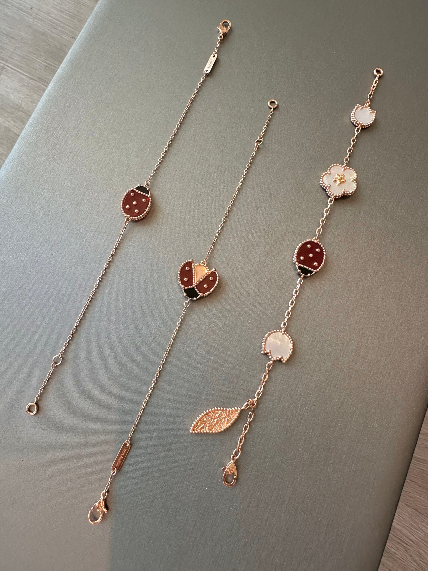 Ladybug Lucky spring blossom clover bracelet 925 silver 18k rose gold plated clover bracelet 7.5 inches - ParadiseKissCo
