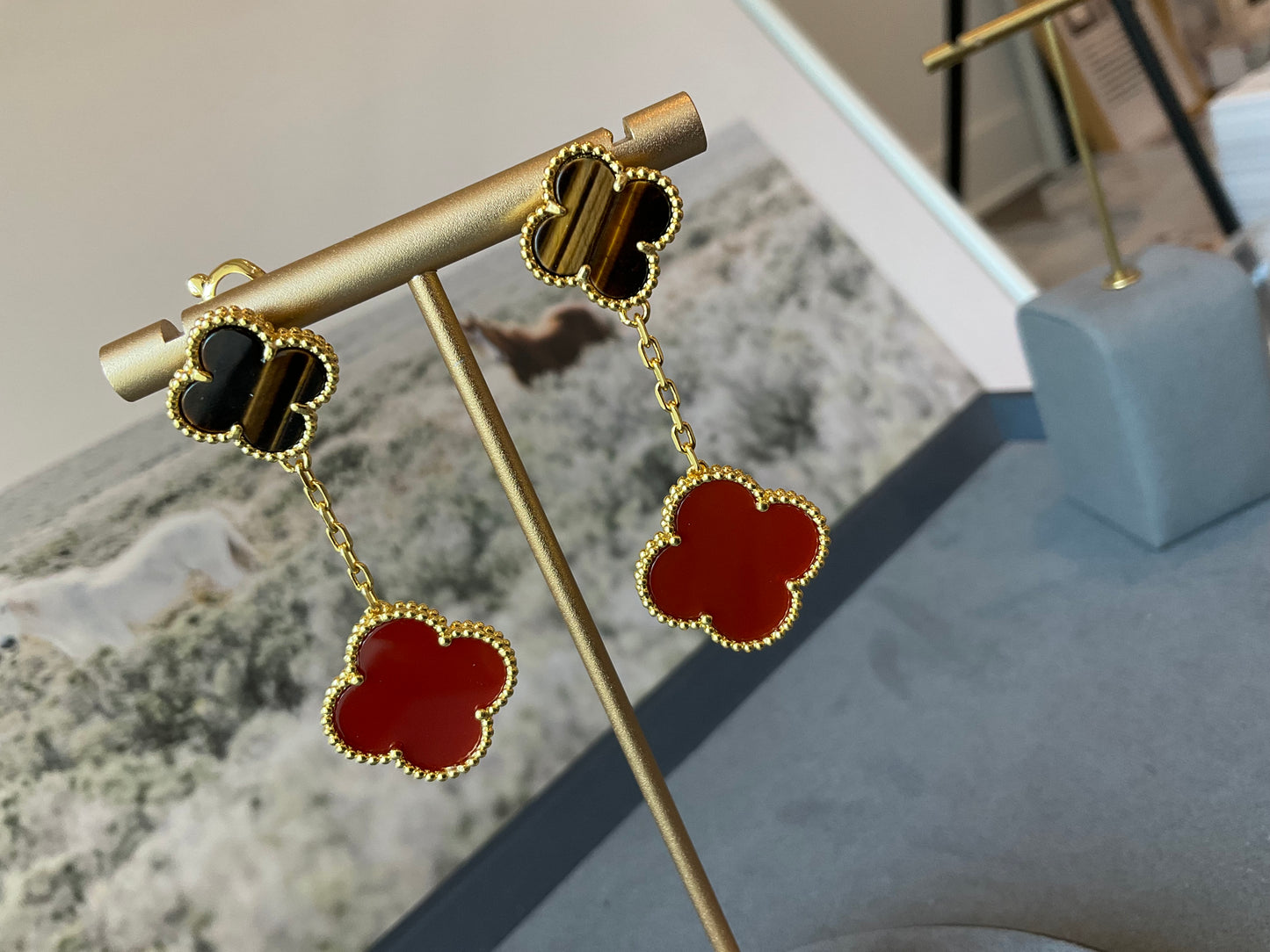 2 motifs tigers eye carnelian clover earrings clover dangle earrings 925 silver 18k gold plated - ParadiseKissCo