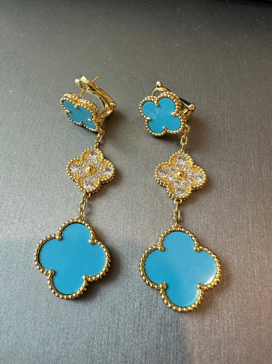 3 motifs Turquoise Cz clover earrings clover dangle earrings 925 silver 18k gold plated - ParadiseKissCo