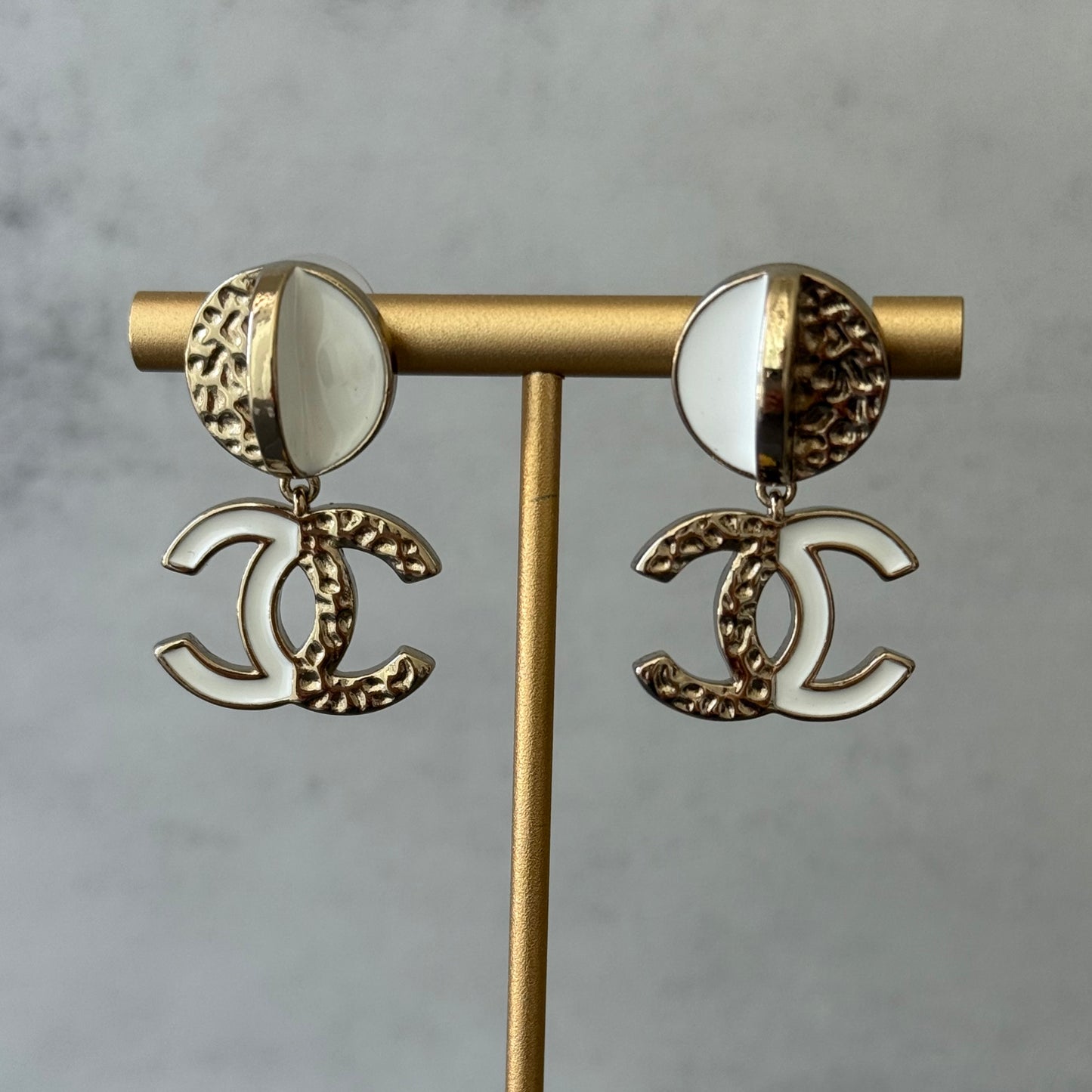 coco Gold Tone White Enamel Double C Dangle Earrings