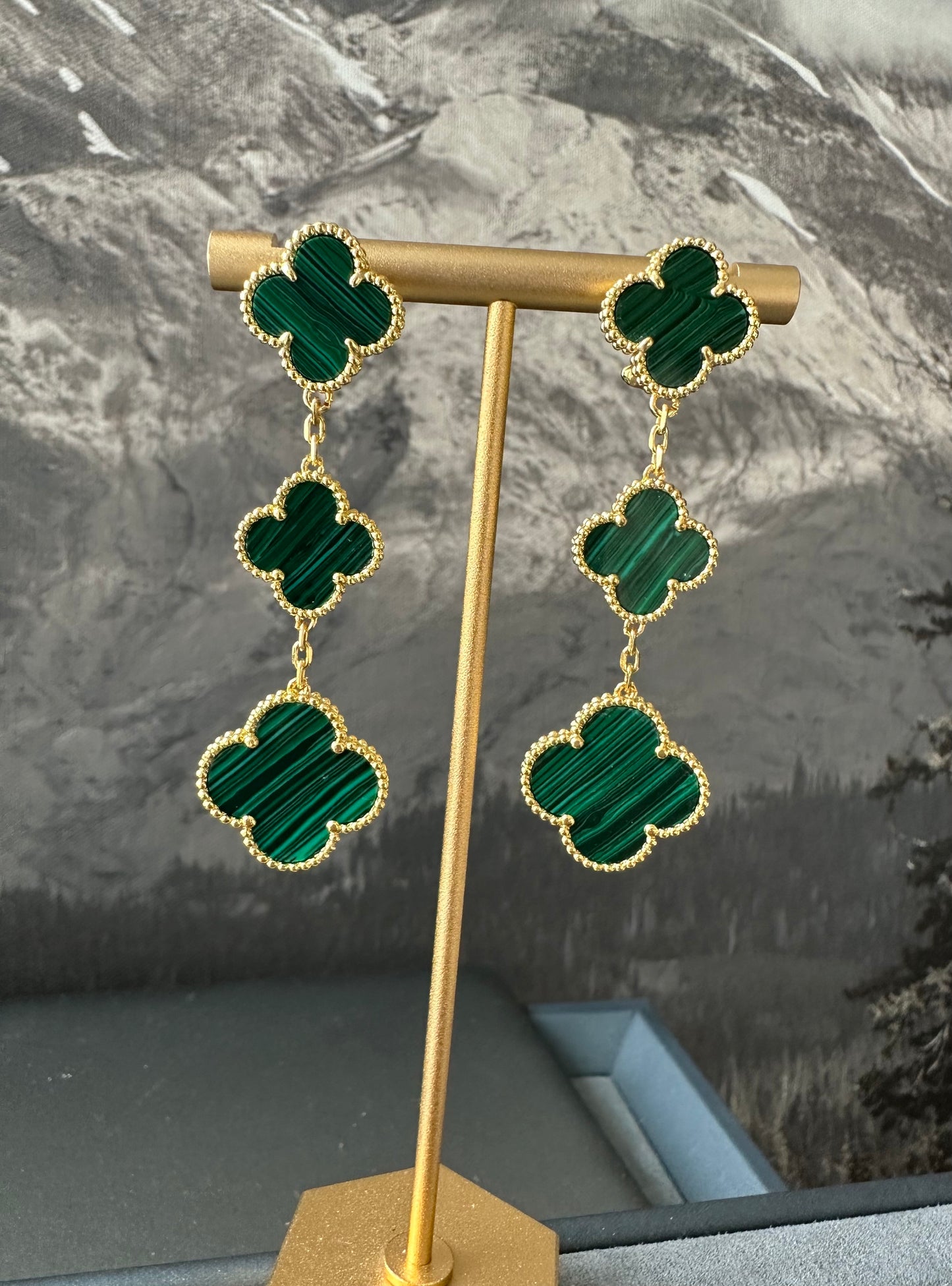 3 motifs Green malachite clover earrings clover dangle earrings 925 silver 18k gold plated - ParadiseKissCo