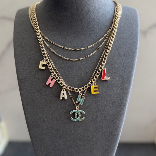 Coco Gold Multi-Layer Colorful Letter Charm Necklace with Turquoise Crystal Pendant