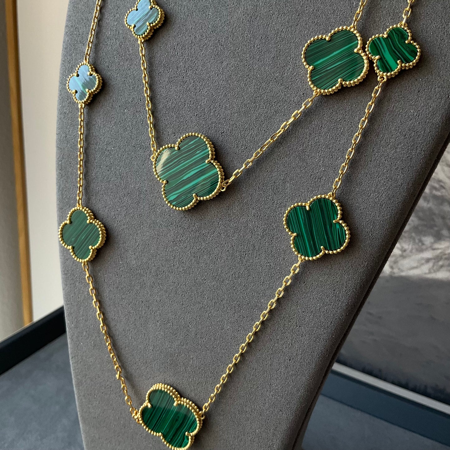 16 motifs malachite charm clover necklace 925 silver with 18k gold plated 120cm long