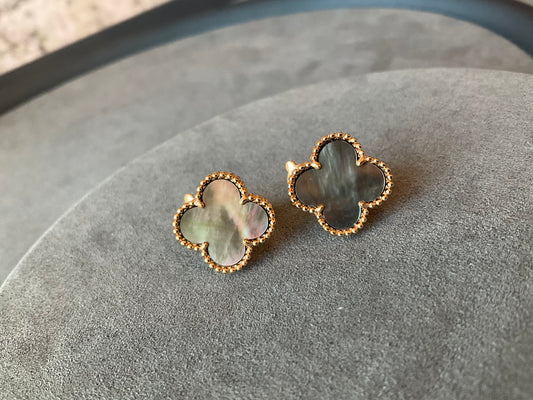 15mm grey mother of pearl clover earrings 925 silver 18k rose gold plated - ParadiseKissCo