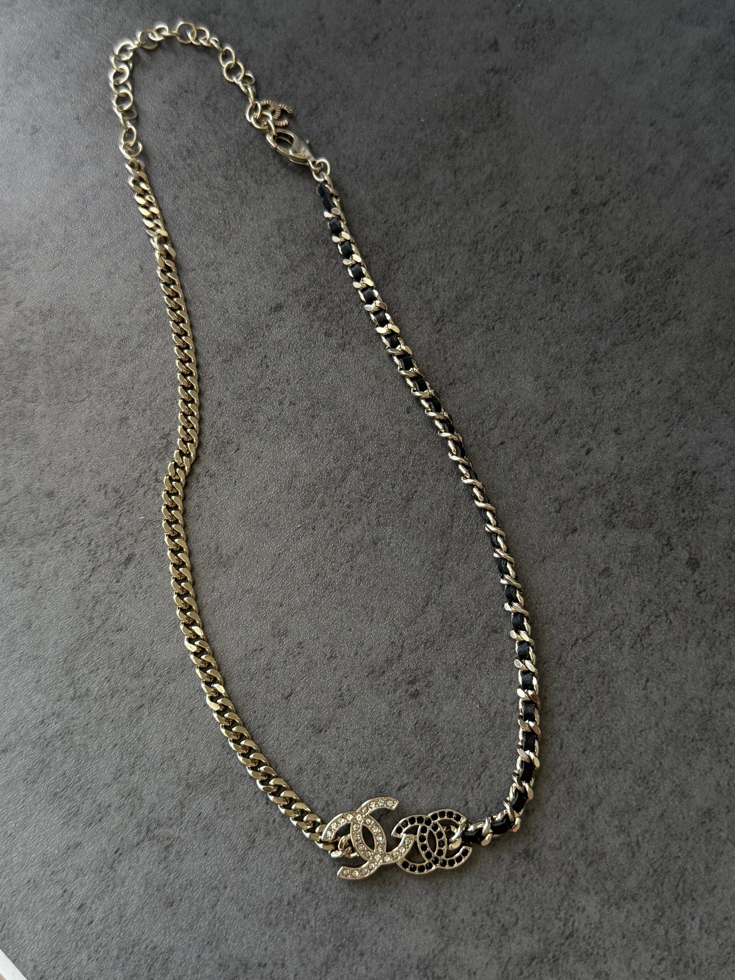coco gold black leather cz choker necklace