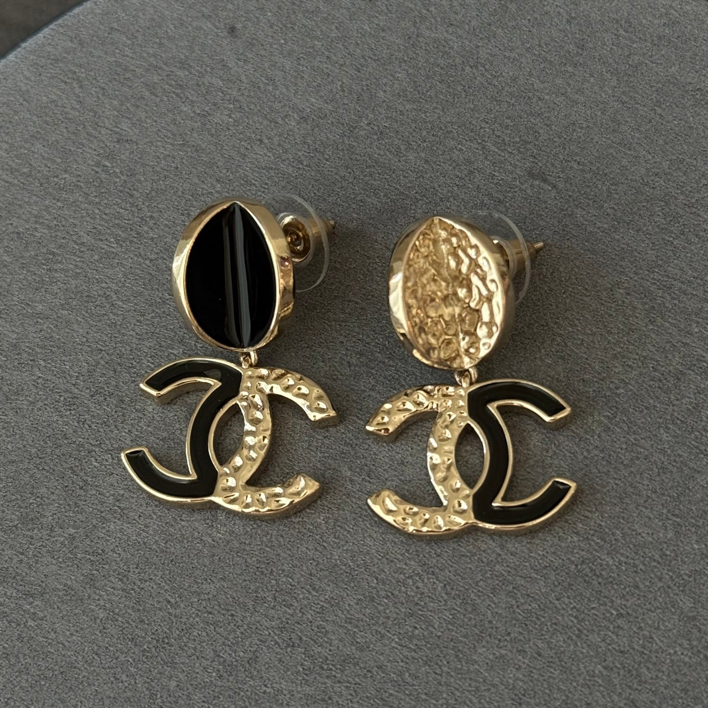 coco Gold Tone Black Enamel Double C Dangle Earrings