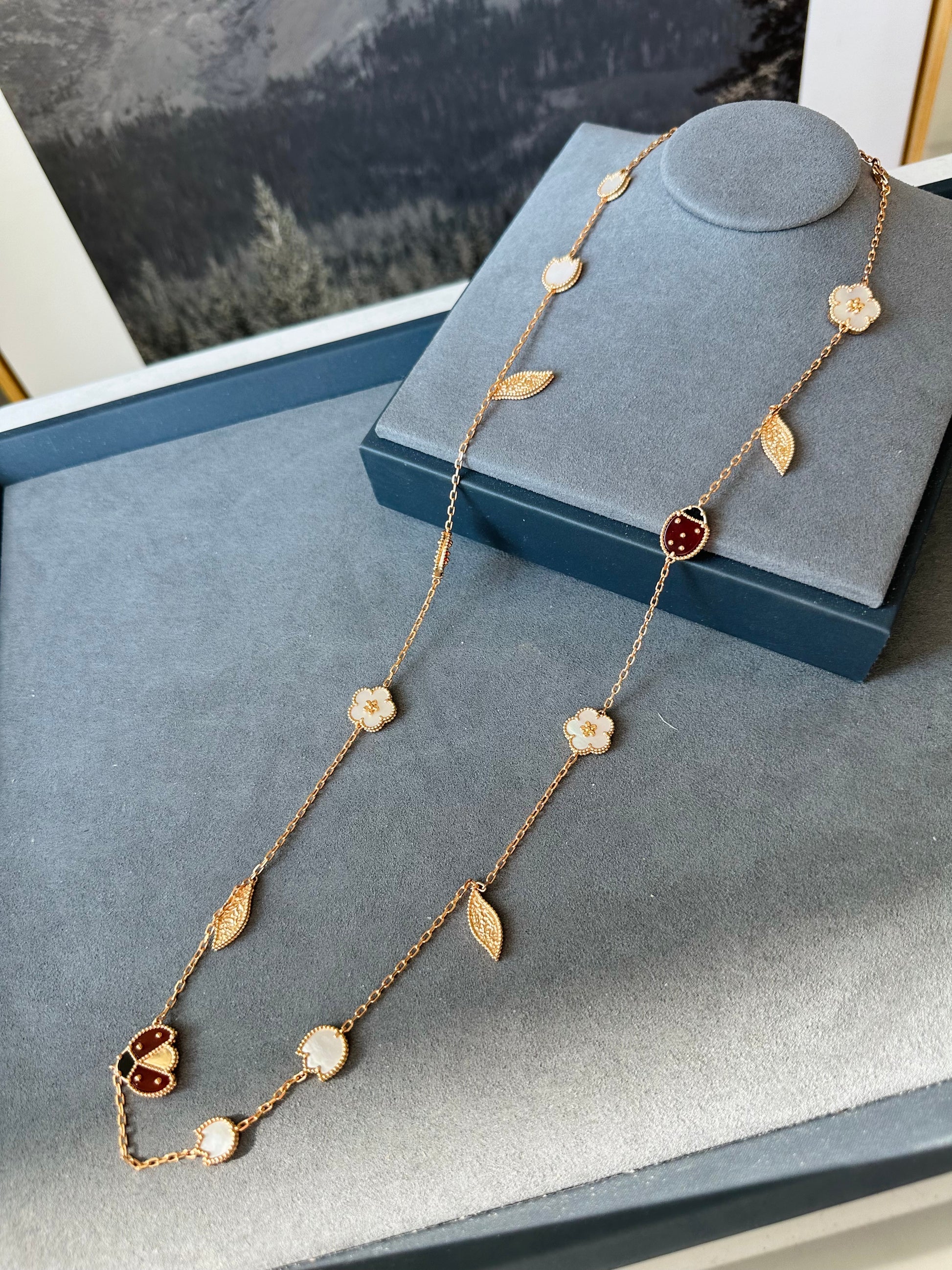 Lucky Spring Plum Blossom Ladybug clover necklace 925 silver 18k Rose gold plated 80cm long - ParadiseKissCo