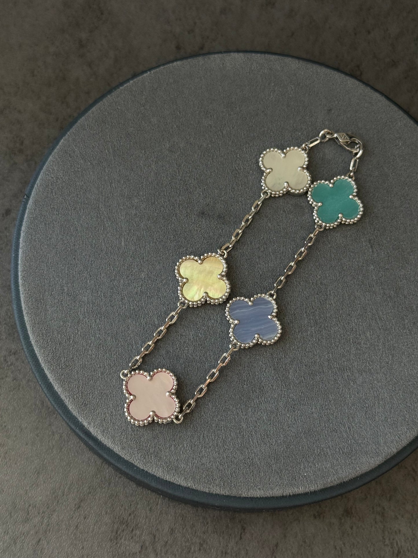 5 motifs 15mm clover 5 color stone clover bracelet with 18k white gold plated 7.5 inches