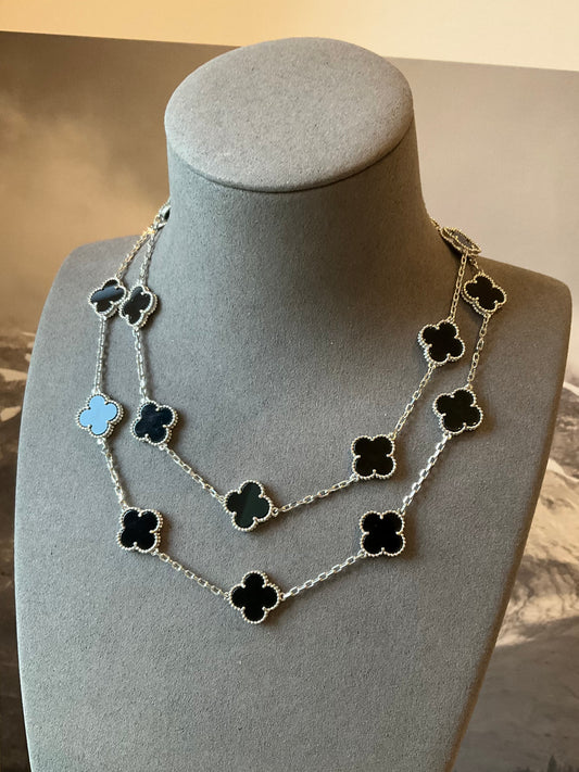 20 motifs onyx 15mm clover necklace 925 silver with 18k white gold plated 84cm - ParadiseKissCo