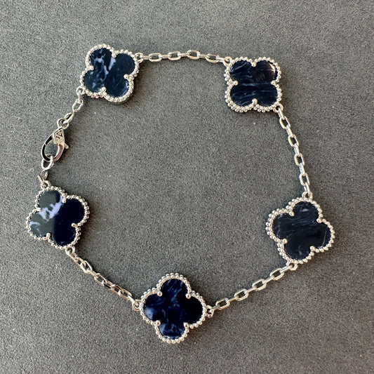 5 motifs Pietersite 15mm clover bracelet 925 silver with 18k white gold plated 7.5 inches