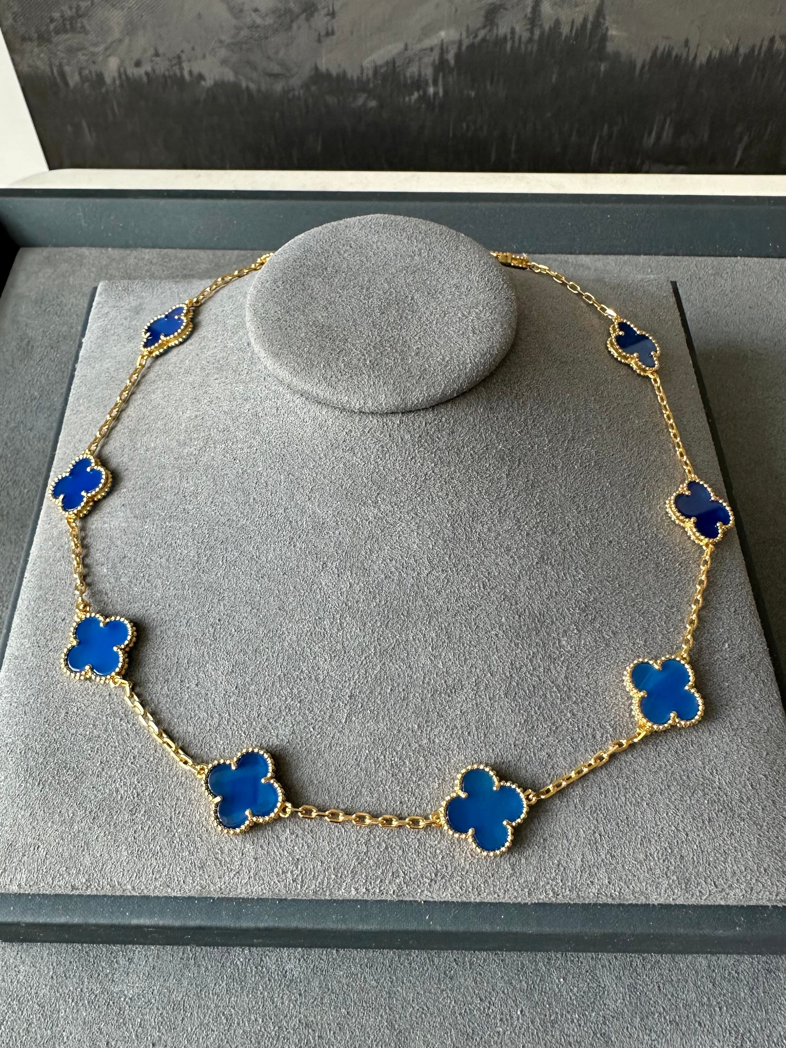 10 selling Motif Blue Lapis Lazuli Clovers Gold Flower Necklace