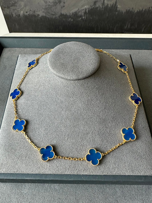10 motifs blue agate 18k Gold Plated Four Leaf Clover Flower Style S 925 Silver Necklace 42cm long - ParadiseKissCo