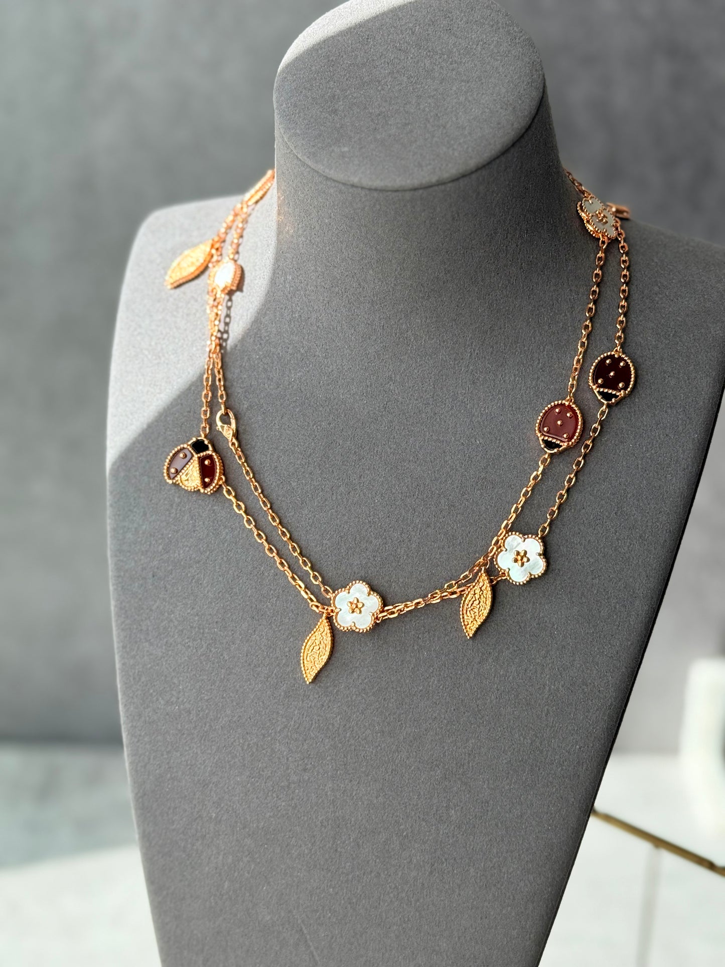 Lucky Spring Plum Blossom Ladybug clover necklace 925 silver 18k Rose gold plated 80cm long