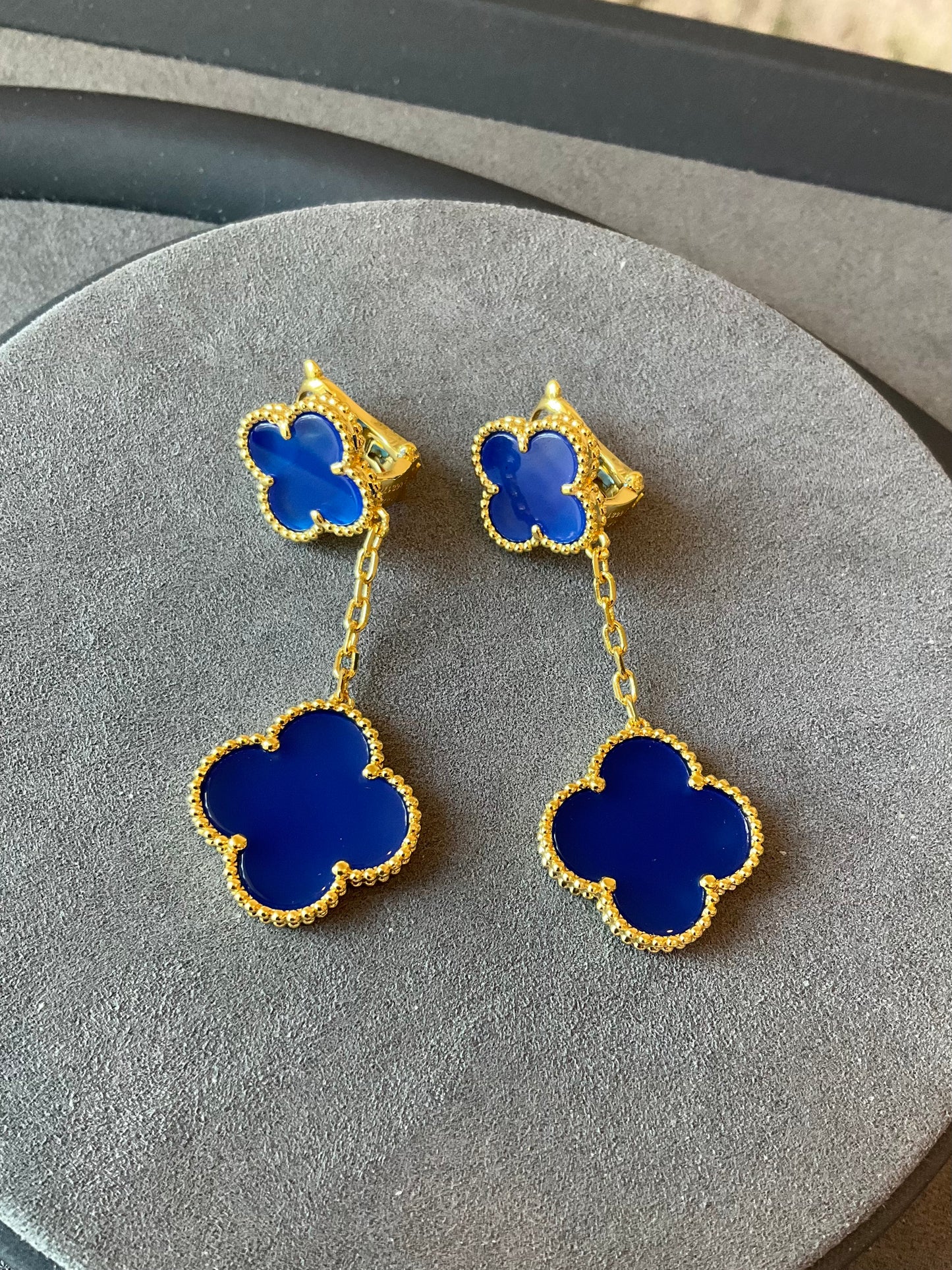 2 motifs blue agate clover earrings clover dangle earrings 925 silver 18k gold plated - ParadiseKissCo