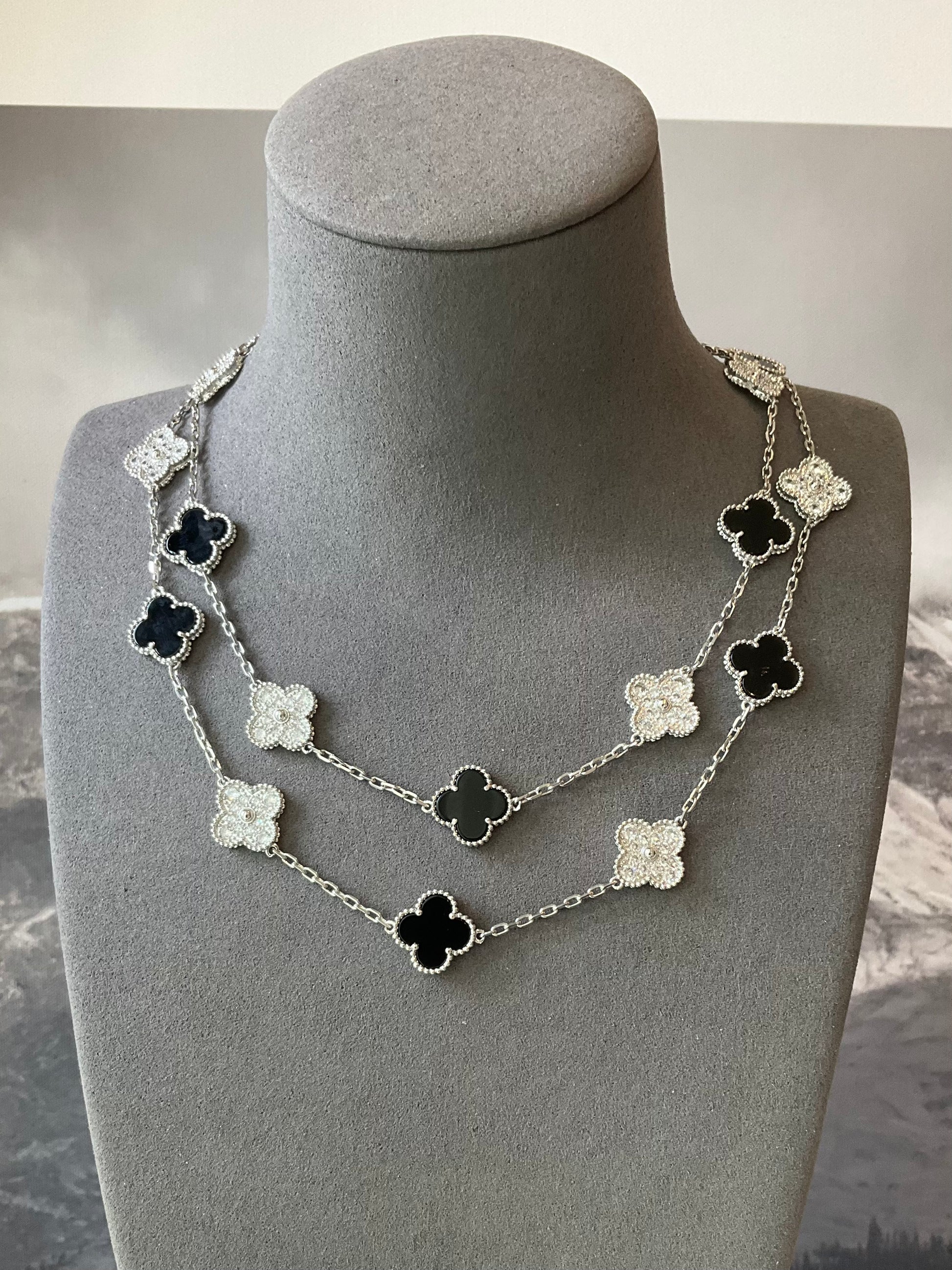 20 motifs onyx cz 15mm clover necklace 925 silver with 18k white gold plated 84cm - ParadiseKissCo