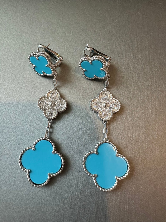 3 motifs Turquoise Cz clover earrings clover dangle earrings 925 silver 18k white gold plated - ParadiseKissCo