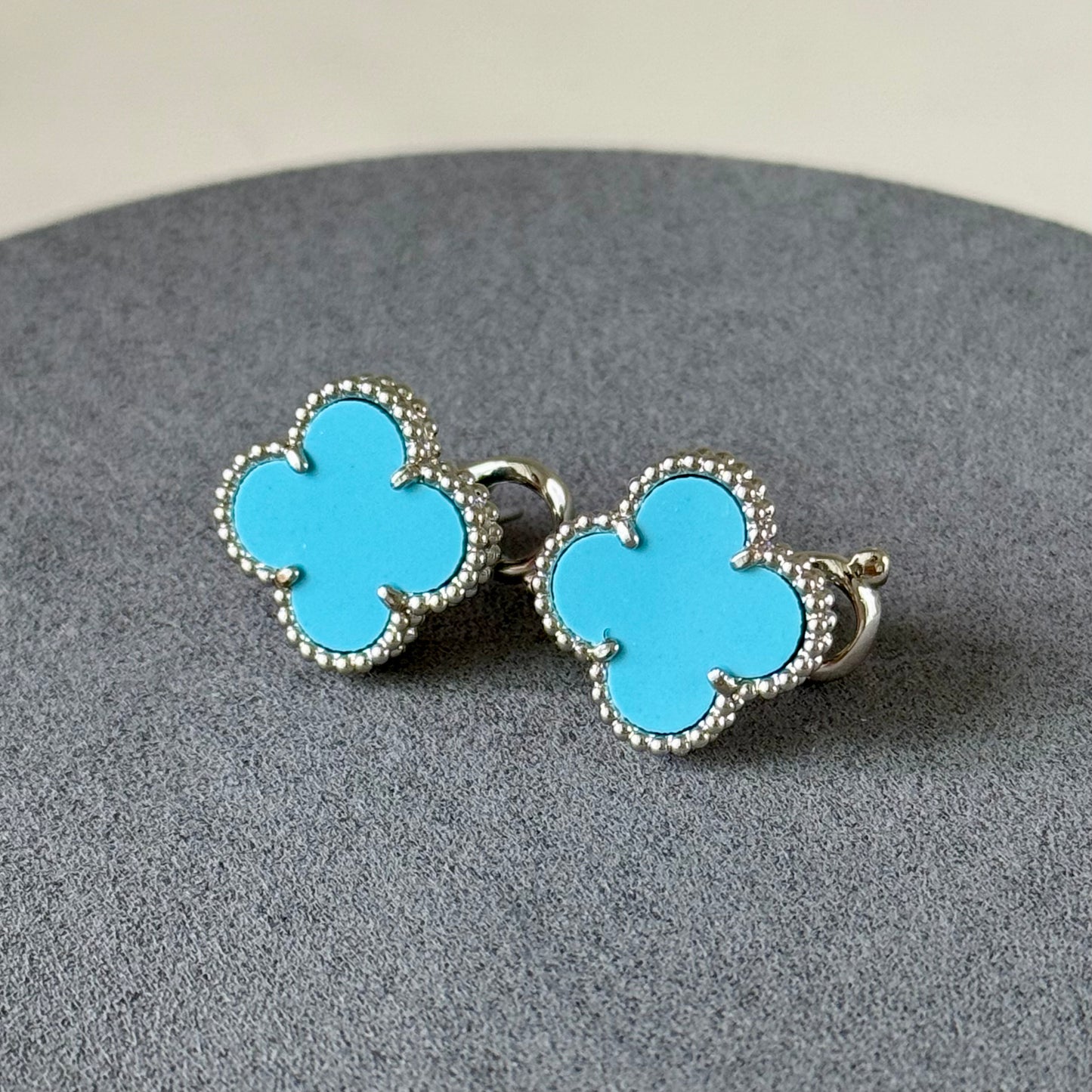 15mm Turquoise clover earrings 925 silver 18k white gold plated