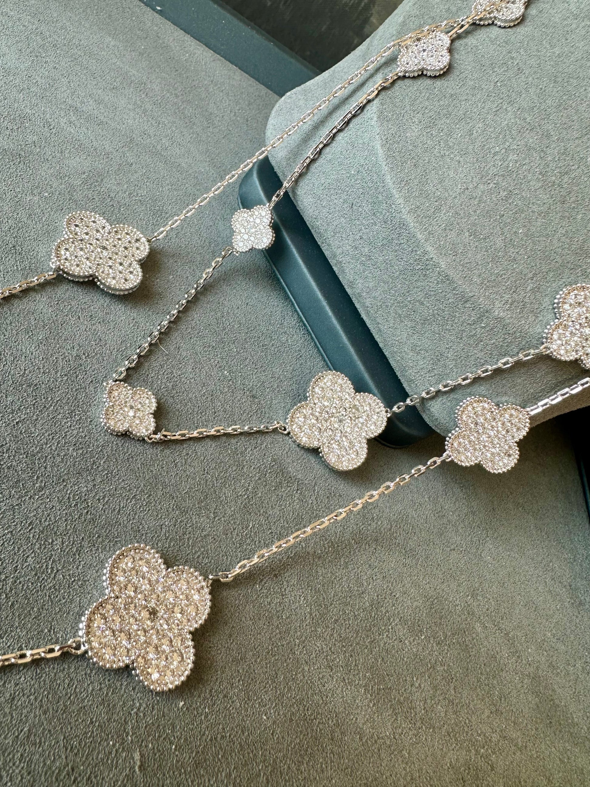 16 motifs cz clover charm clover necklace 925 silver with 18k white gold plated 120cm long - ParadiseKissCo