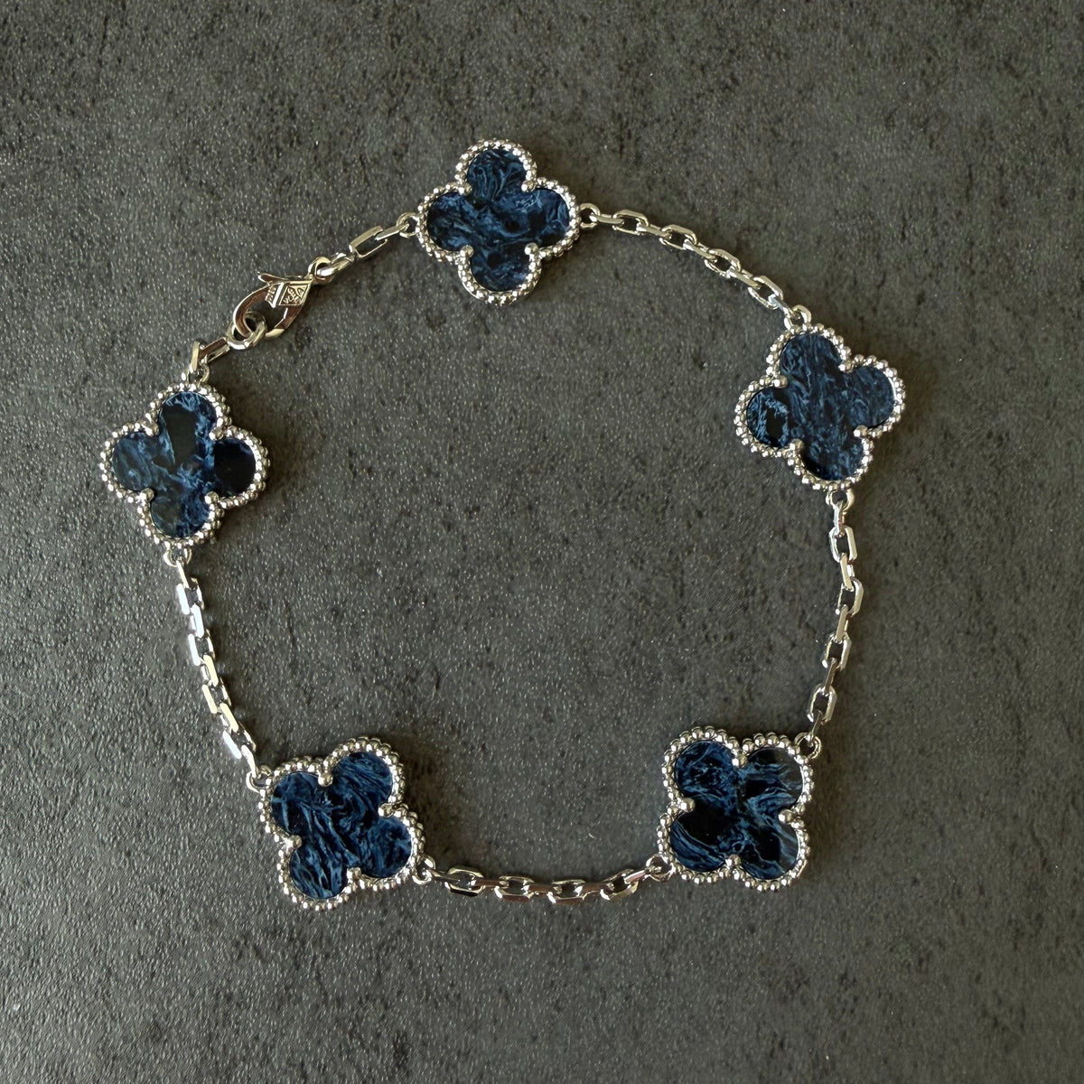 5 motifs Pietersite 15mm clover bracelet with 18k white gold plated 7.5 inches