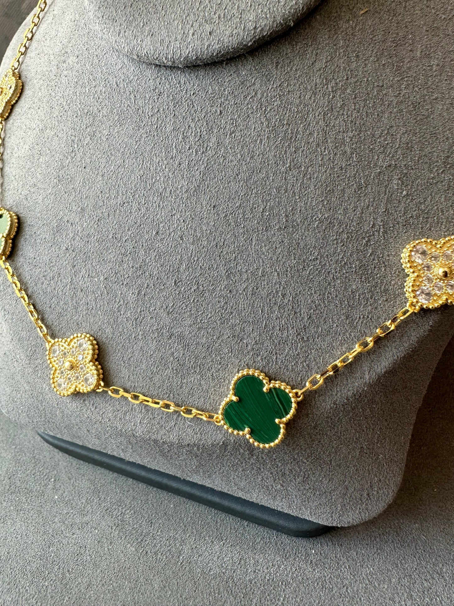 Green malachite 10 motif cz clover necklace 925 silver 18k gold plated 42 cm long clover size 15mm - ParadiseKissCo
