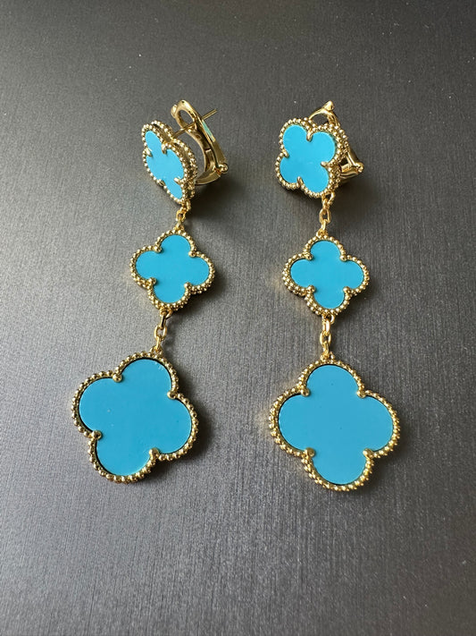 3 motifs Turquoise clover earrings clover dangle earrings 925 silver 18k gold plated - ParadiseKissCo