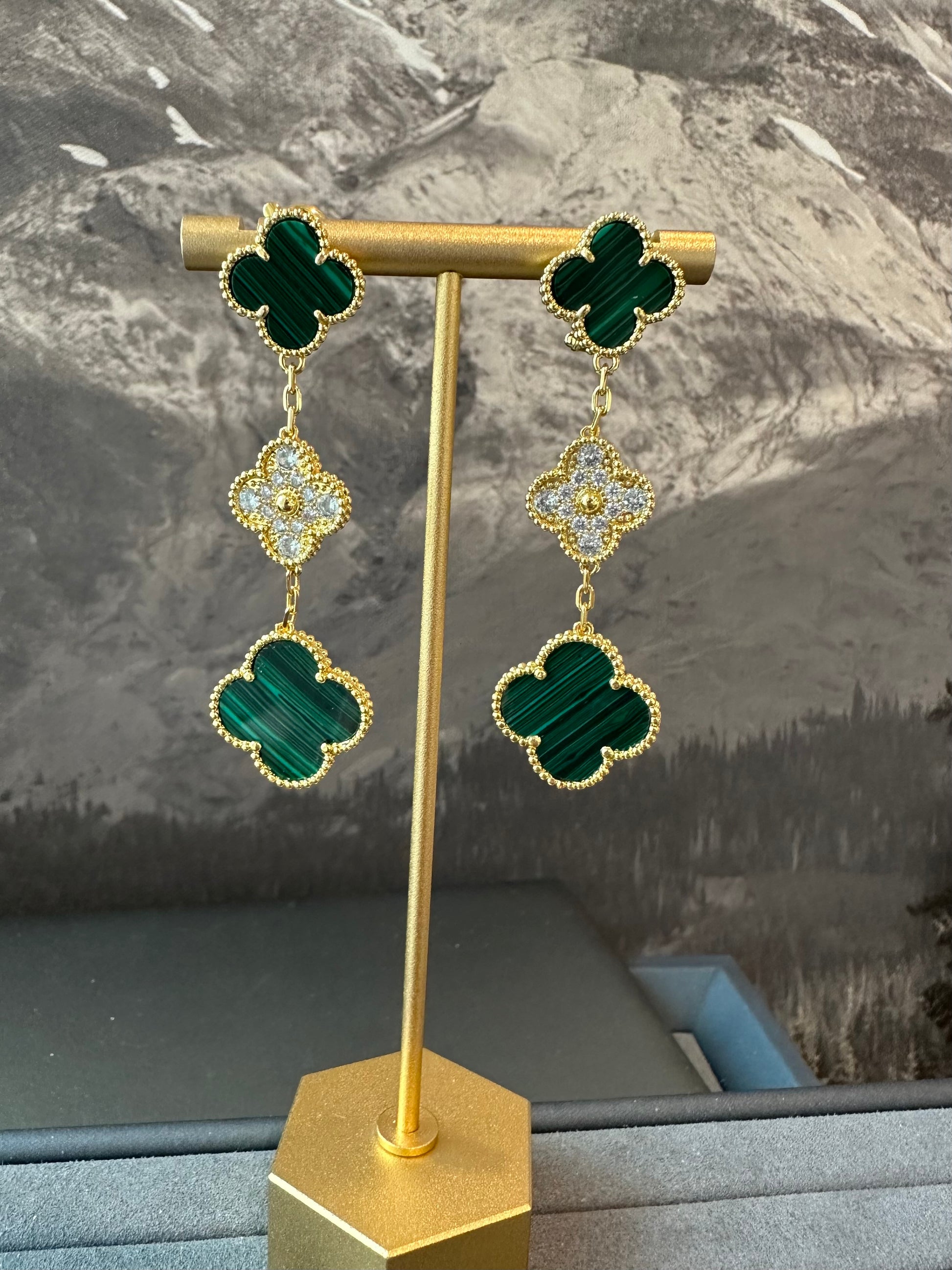 3 motifs Green malachite Cz clover earrings clover dangle earrings 925 silver 18k gold plated - ParadiseKissCo