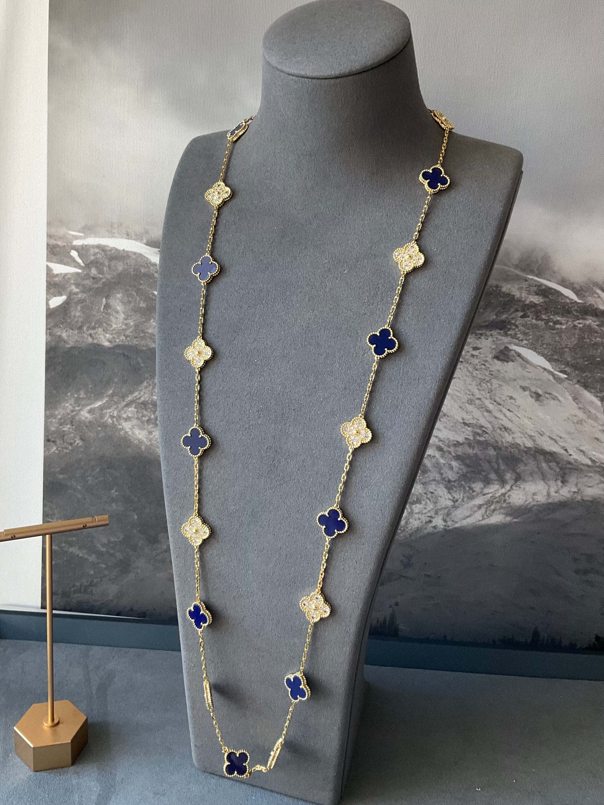 20 motifs Lapis lazuli cz 15mm clover necklace 925 silver with 18k gold plated 84cm - ParadiseKissCo