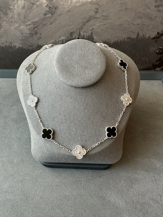 Onyx 10 motif cz clover necklace 925 silver 18k white gold plated 42 cm long clover size 15mm - ParadiseKissCo