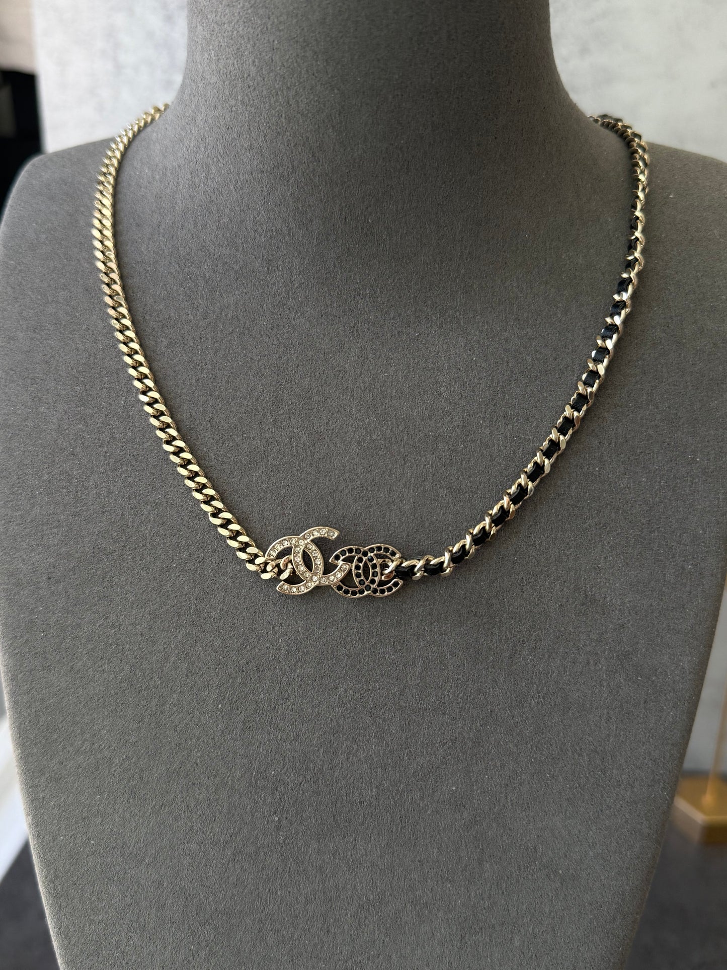 coco gold black leather cz choker necklace