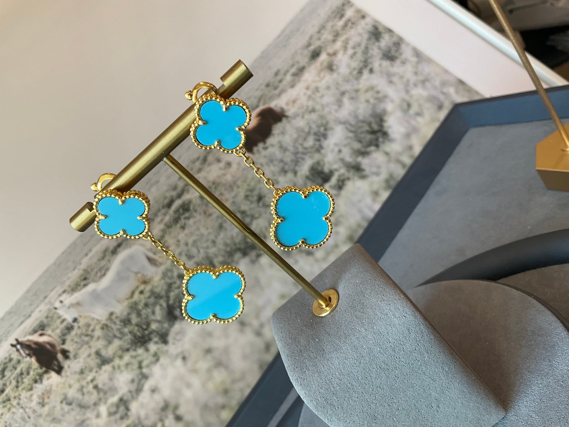 2 motifs turquoise clover earrings clover dangle earrings 925 silver 18k gold plated - ParadiseKissCo