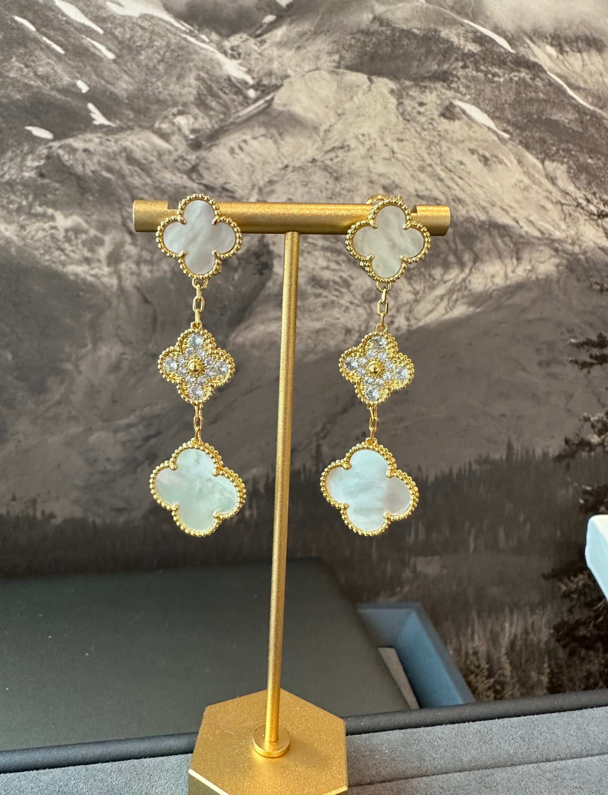 3 motifs Mother of pearl Cz clover earrings clover dangle earrings 925 silver 18k gold plated - ParadiseKissCo