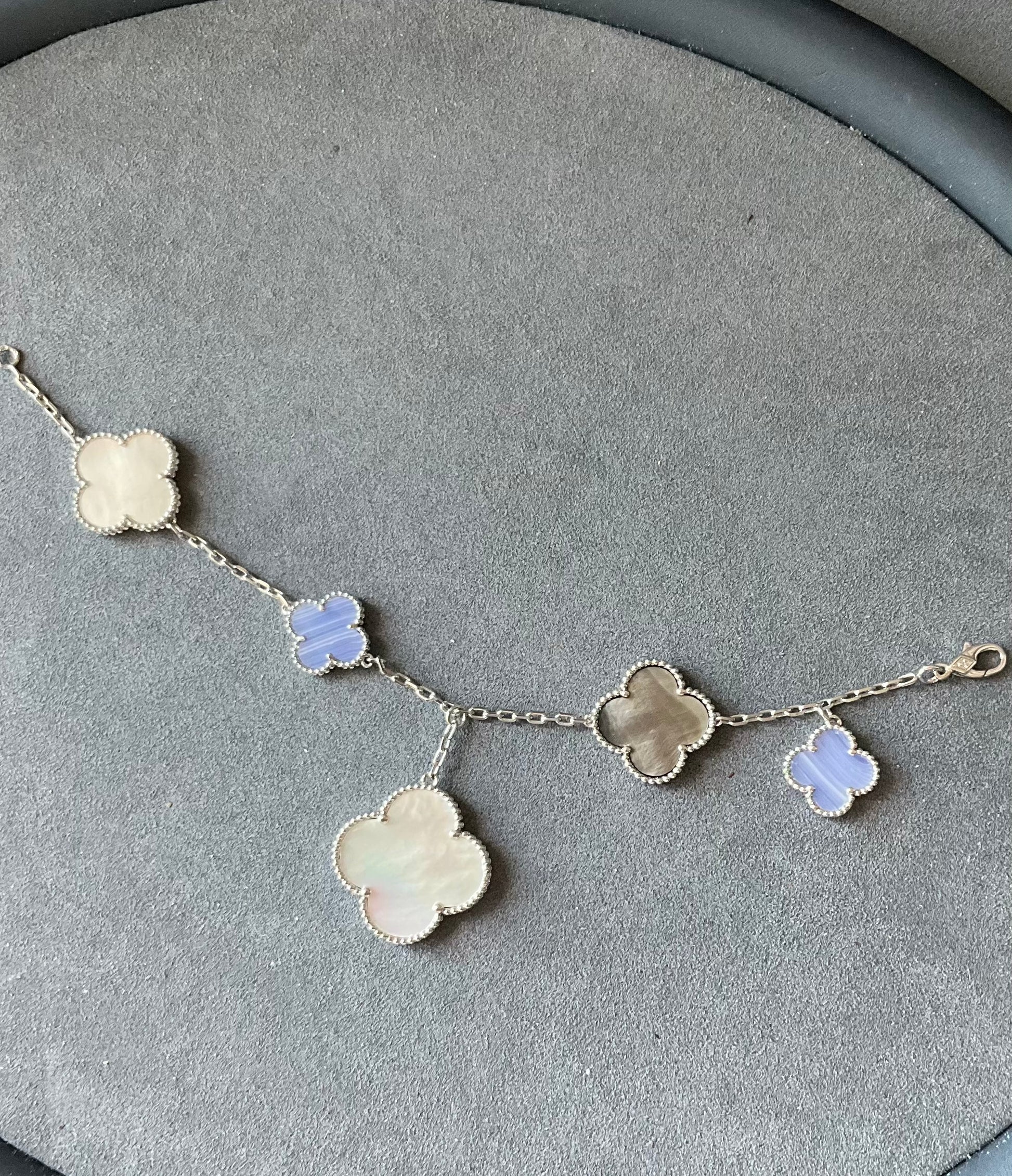 Mother of Pearl chalcedony Charm clover bracelet 925 silver 18k white gold plated 7.5 inches long - ParadiseKissCo