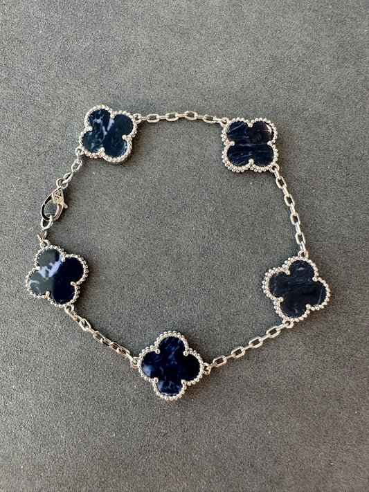 5 motifs Pietersite 15mm clover bracelet 925 silver with 18k white gold plated 7.5 inches - ParadiseKissCo