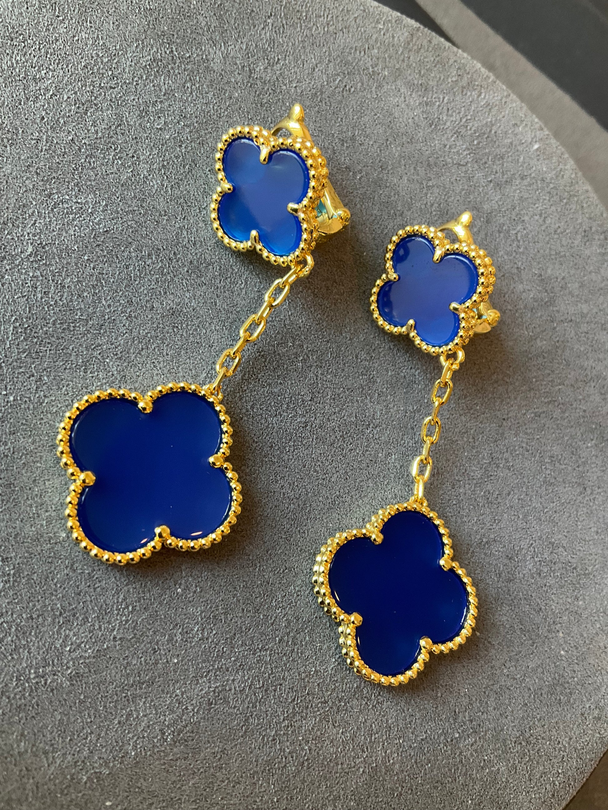 2 motifs blue agate clover earrings clover dangle earrings 925 silver 18k gold plated - ParadiseKissCo