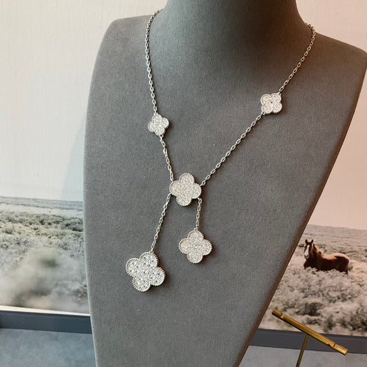 6 motifs CZ diamond charm clover necklace 925 silver 18k white gold plated 42cm - ParadiseKissCo