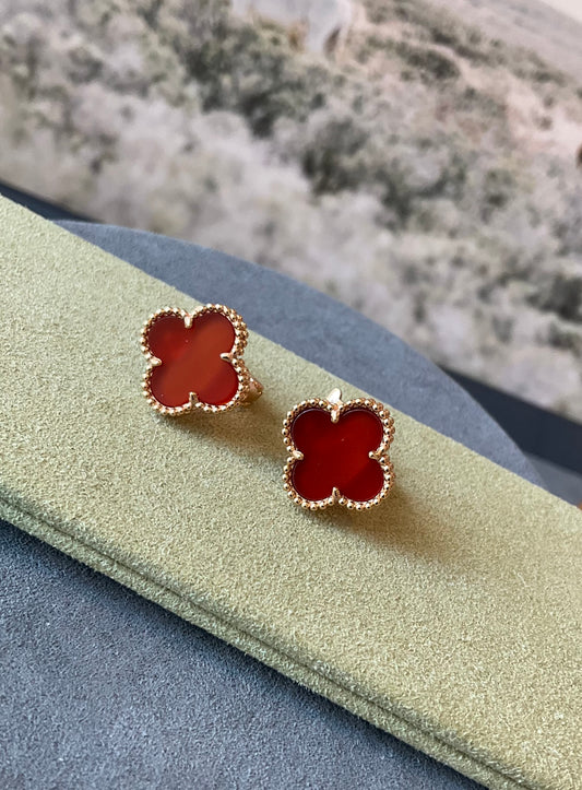 15mm carnelian clover earrings 925 silver 18k rose gold plated - ParadiseKissCo