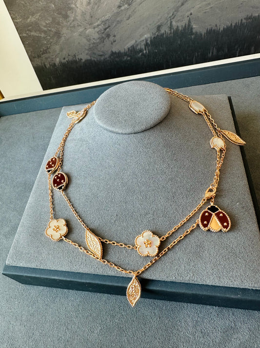 Lucky Spring Plum Blossom Ladybug clover necklace 925 silver 18k Rose gold plated 80cm long - ParadiseKissCo