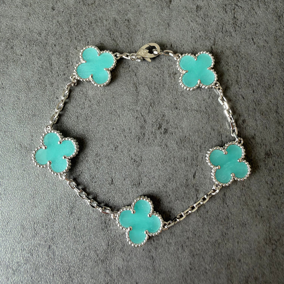 5 motifs 15mm clover Amazonite clover bracelet with 18k white gold plated 7.5 inches