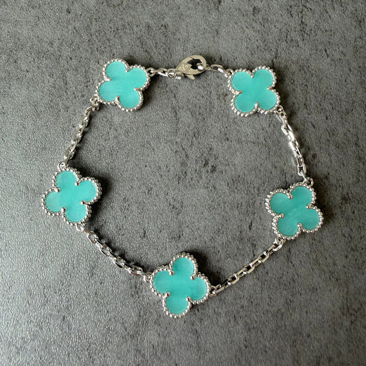 5 motifs 15mm clover Amazonite clover bracelet with 18k white gold plated 7.5 inches