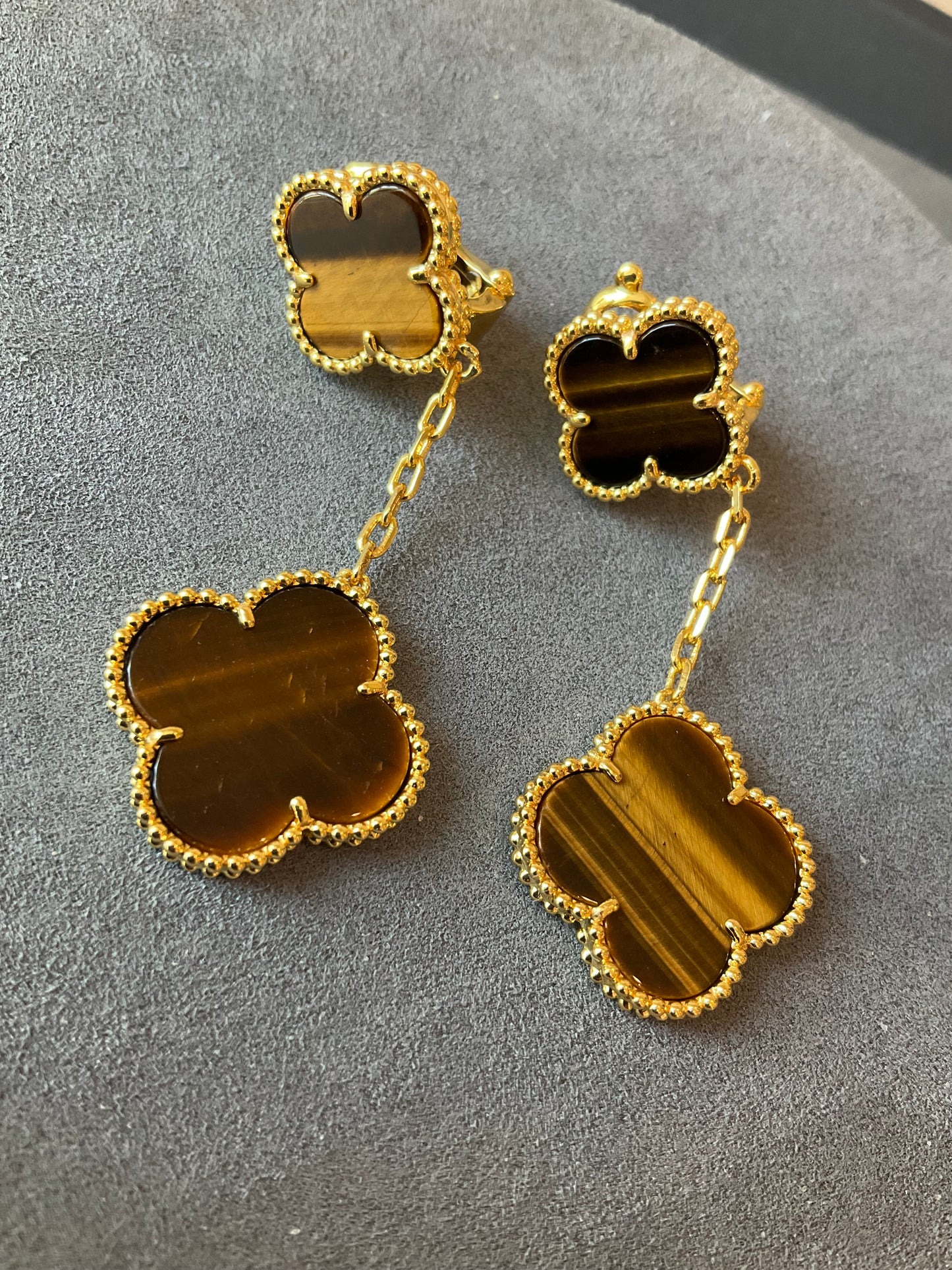 2 motifs tigers eye clover earrings clover dangle earrings 925 silver 18k gold plated - ParadiseKissCo