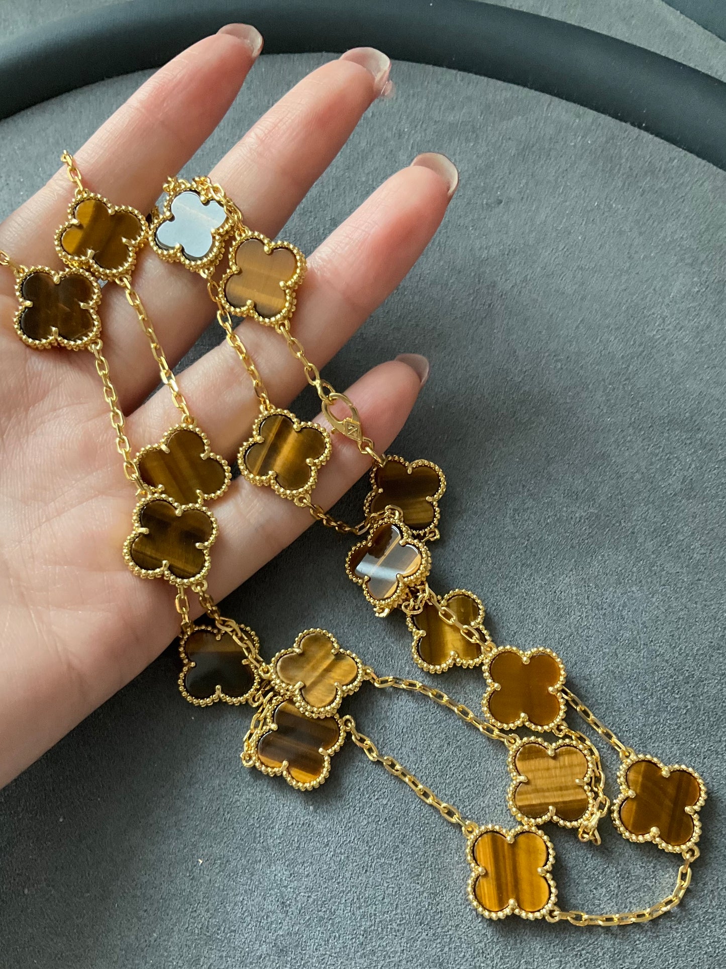 20 motifs Tigers eye Gold Plated Four Leaf Clover Flower Style S 925 Silver Necklace 84cm - ParadiseKissCo