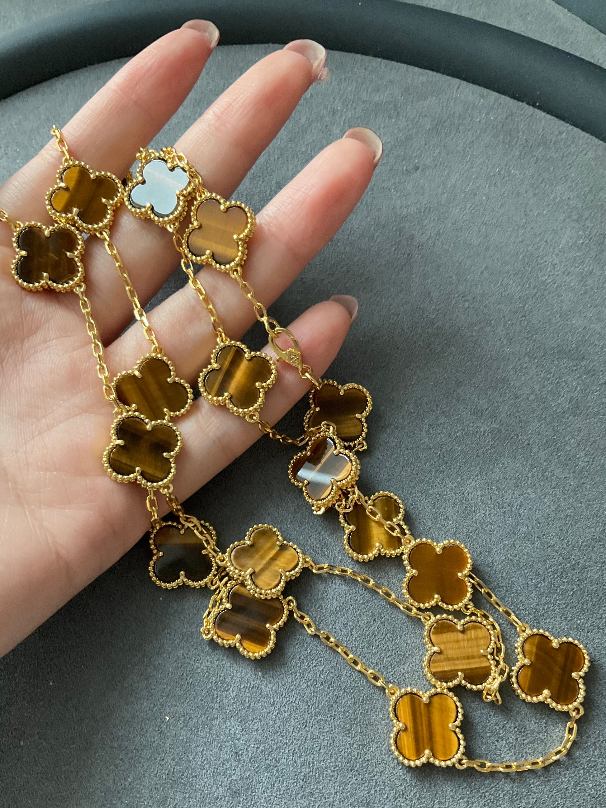 20 motifs Tigers eye Gold Plated Four Leaf Clover Flower Style S 925 Silver Necklace 84cm - ParadiseKissCo