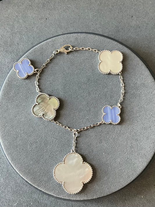 Mother of Pearl chalcedony Charm clover bracelet 925 silver 18k white gold plated 7.5 inches long - ParadiseKissCo