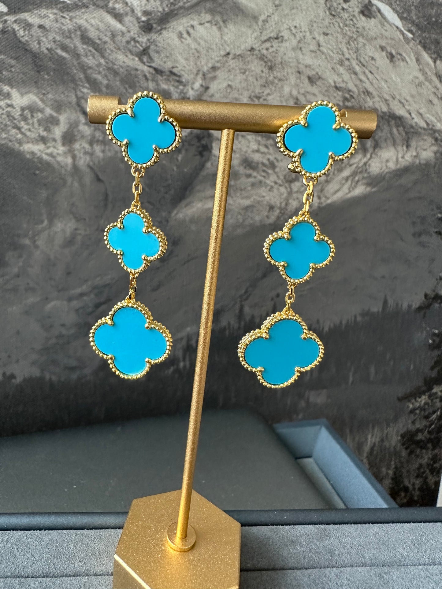 3 motifs Turquoise clover earrings clover dangle earrings 925 silver 18k gold plated - ParadiseKissCo