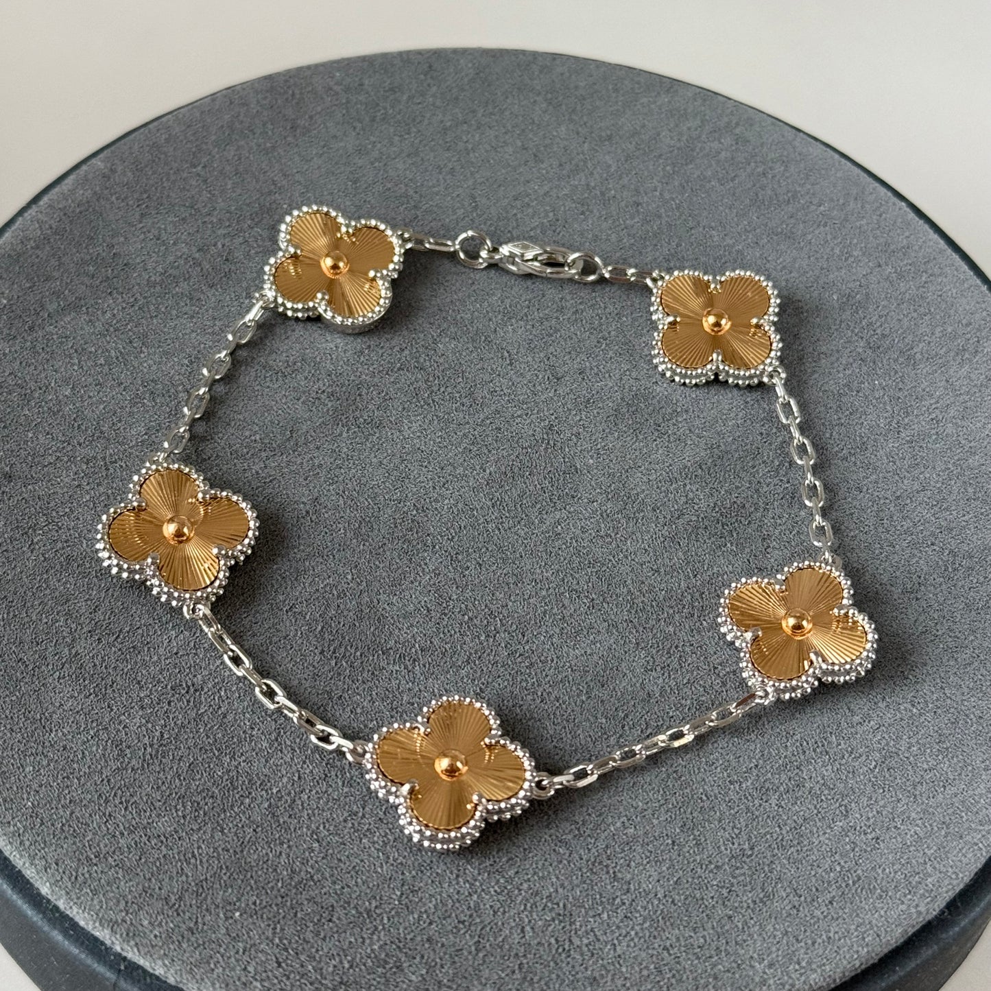 5 motifs 2 tone Guillioche 15mm clover bracelet 925 silver 18k gold plated 7.5 inches long