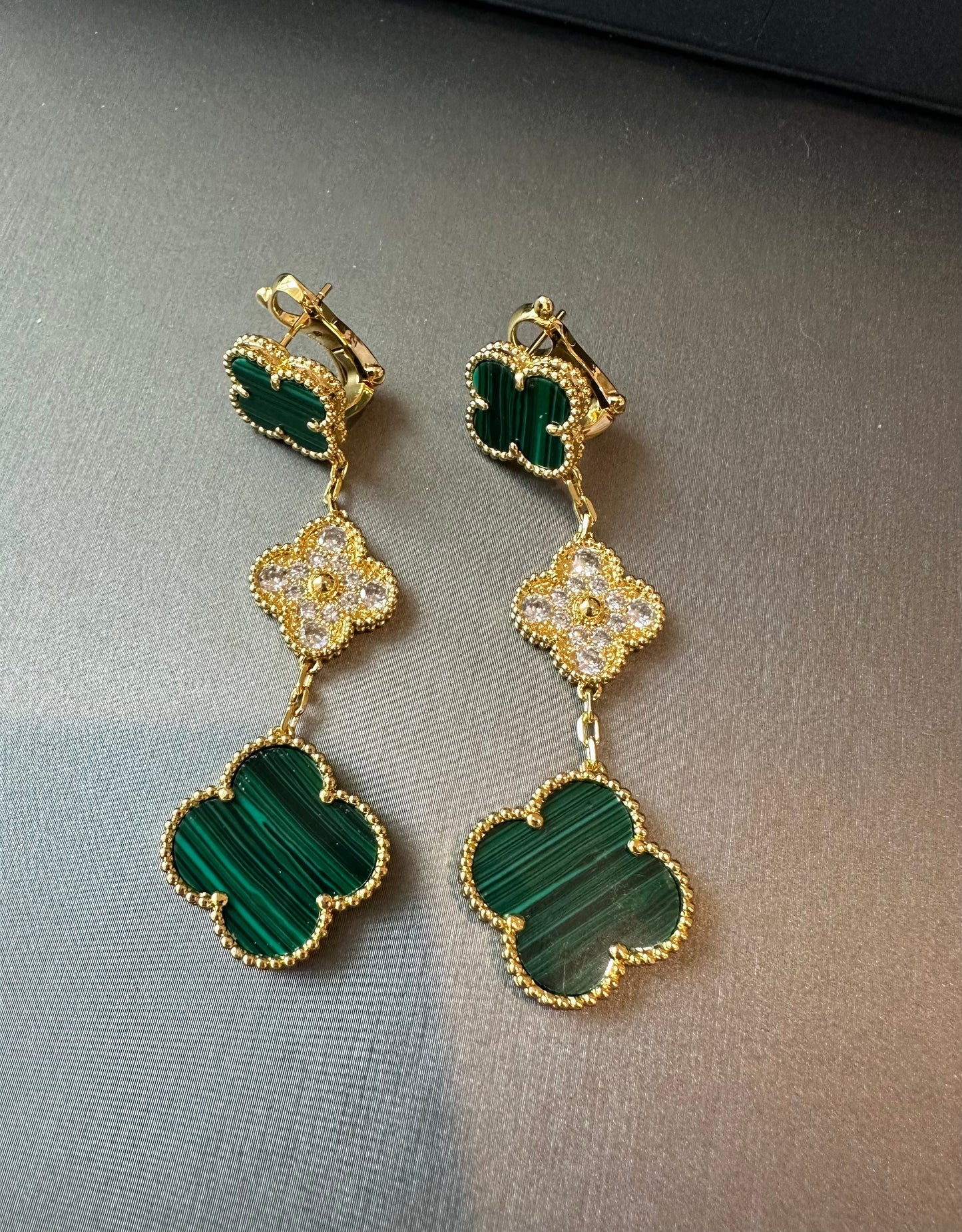 3 motifs Green malachite Cz clover earrings clover dangle earrings 925 silver 18k gold plated - ParadiseKissCo