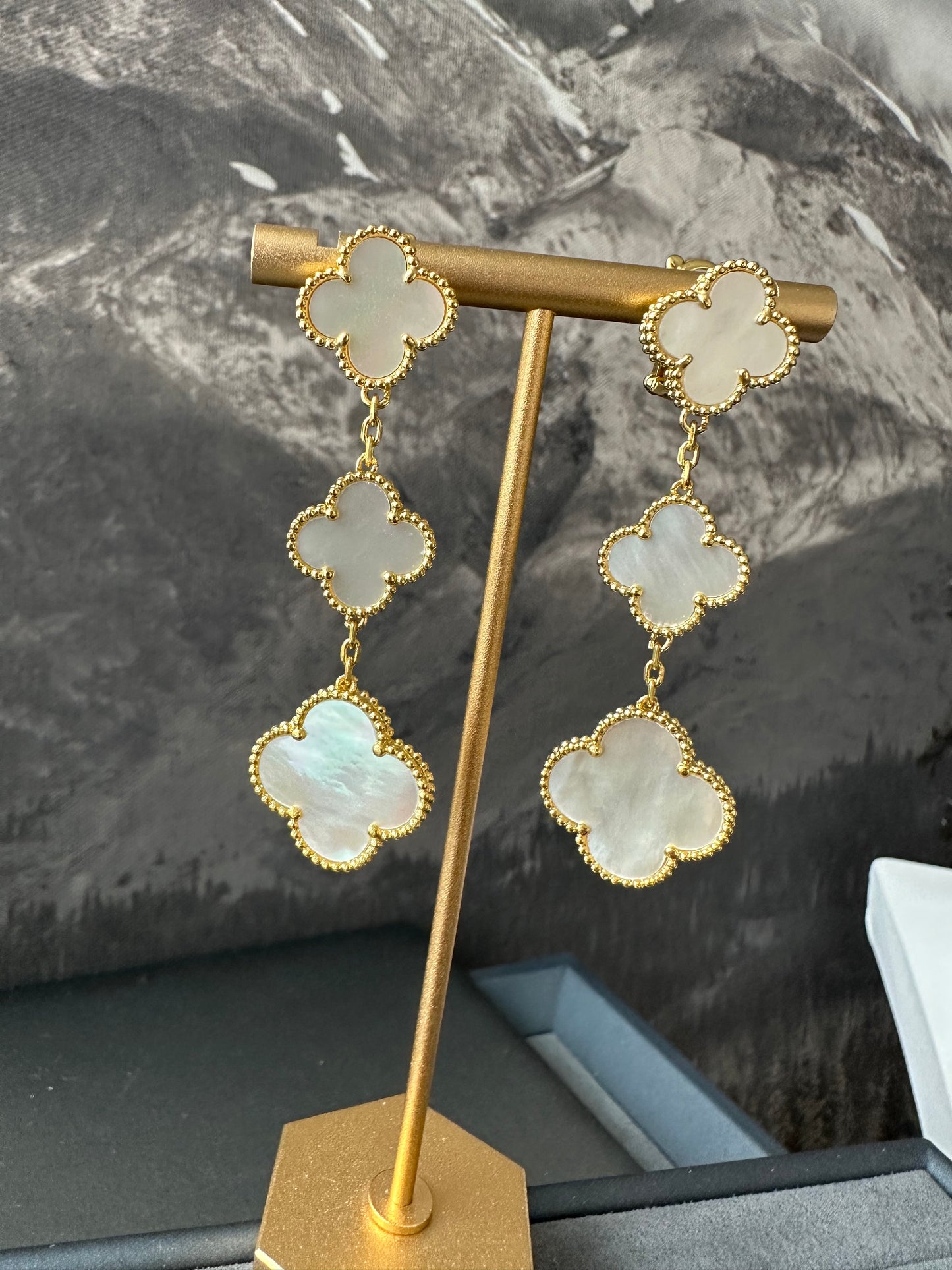 3 motifs Mother of pearl clover earrings clover dangle earrings 925 silver 18k gold plated - ParadiseKissCo