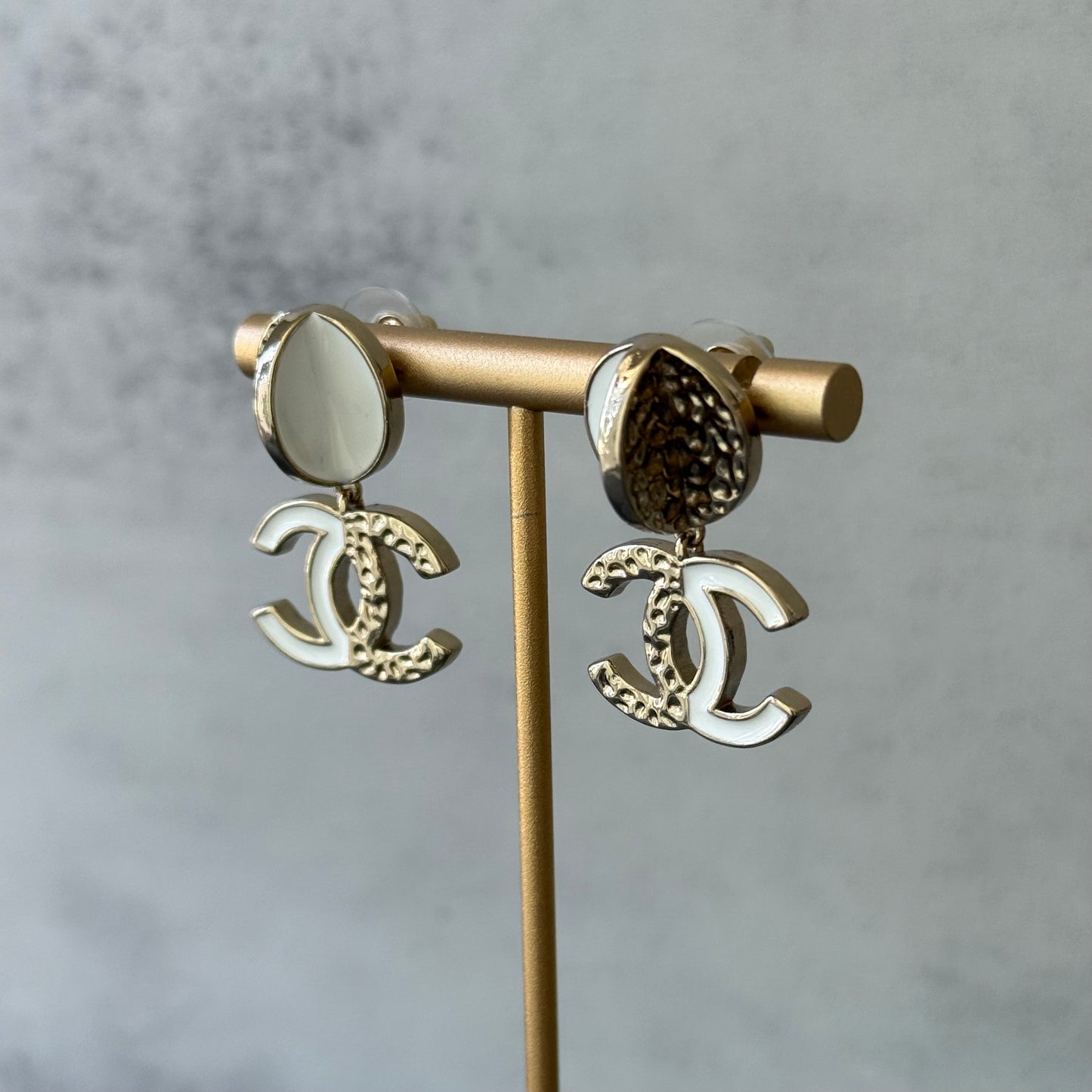 coco Gold Tone White Enamel Double C Dangle Earrings